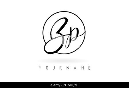 Lettere scritte a mano disegno del logo BP con semplice illustrazione vettoriale circolare. Icona creativa con lettere cablate e cornice circolare. Illustrazione Vettoriale