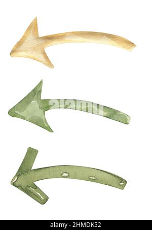 Acquerello frecce disegnate a mano impostate. Illustrazione della freccia. La freccia è di colore verde e giallo. Foto Stock