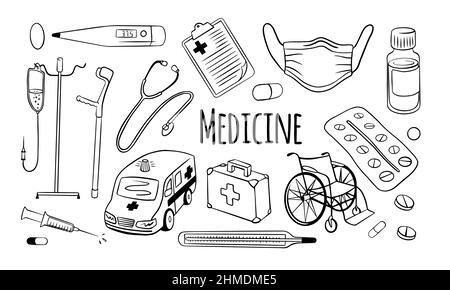 Set di doodles medici. Icone disegnate a mano isolate su sfondo bianco. Illustrazione vettoriale. Illustrazione Vettoriale