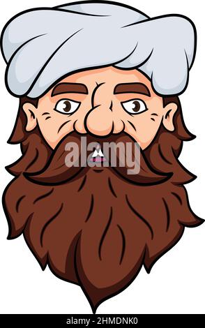 Uomo con barba grande, baffi e turbante. Faccia indiana dell'uomo. Stampa illustrazione vettoriale del disegno. Illustrazione Vettoriale