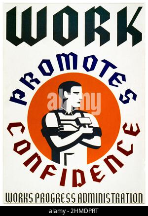 Work promuove la fiducia, (uomo che detiene il martello), American Employment poster da US Works Progress Administration, 1940 Foto Stock