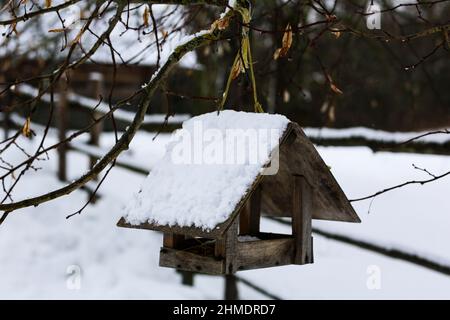Alimentatore di uccello di legno su un albero. Paesaggio russo invernale. Abbandonato villaggio russo coperto di neve. Il concetto di prendersi cura della natura e degli uccelli. Foto Stock