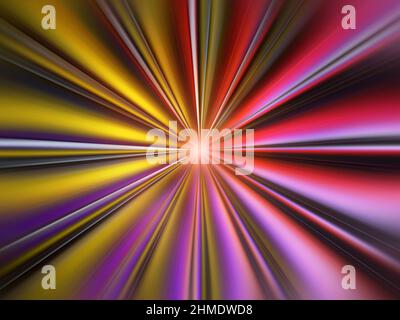 Un'illustrazione resa nel 3D di raggi di luce colorati che formano un tunnel di luce e convergono al centro. Foto Stock