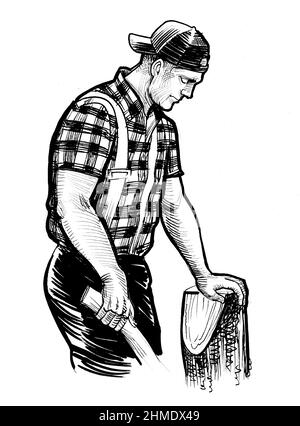 Jack di lumberjack canadese con ascia. Disegno in bianco e nero con inchiostro Foto Stock