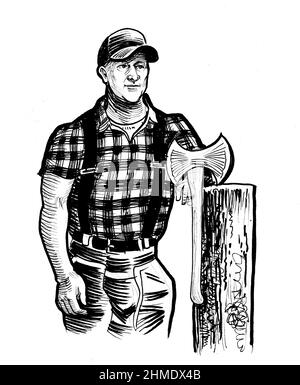 Jack di lumberjack canadese con ascia. Disegno in bianco e nero con inchiostro Foto Stock