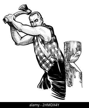 Albero da taglio Lumberjack con ascia. Disegno in bianco e nero con inchiostro Foto Stock