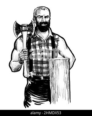 Jack di lumberjack canadese con ascia. Disegno in bianco e nero con inchiostro Foto Stock