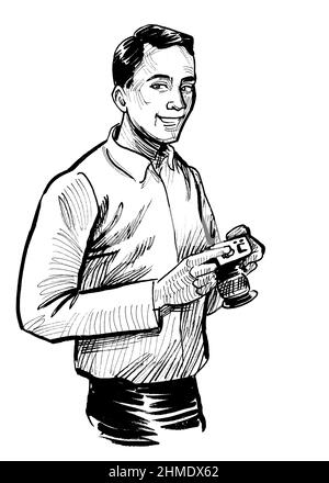 Uomo che tiene la fotocamera retrò. Disegno in bianco e nero con inchiostro Foto Stock