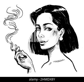 Felice donna che fuma marijuana comune. Disegno in bianco e nero con inchiostro Foto Stock