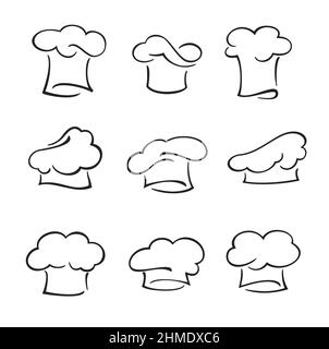 Cappello e toque dello chef, cuoco e cuoco tappi vettoriali isolati. Uniforme cucina da forno o da ristorante. Cappelli in cotone bianco profilo di restauri francesi o italiani Illustrazione Vettoriale