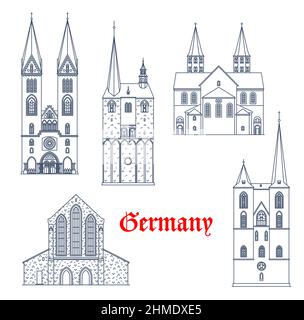 Germania architettura edifici di Quedlinburg e Halberstadt, cattedrali vettoriali e chiese. Attrazioni turistiche tedesche di Sachsen Anhalt, Liebfrauenki Illustrazione Vettoriale