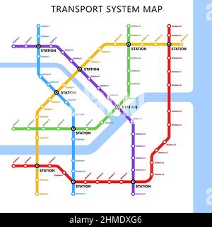 Metropolitana metropolitana, metropolitana e autobus di trasporto città mappa con stazioni, vettore urbano linee passeggeri schema. Metropolitana o metropolitana piano con treno ferroviario Illustrazione Vettoriale