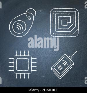 Etichetta RFID e icona microchip impostata sulla lavagna. Identificazione a radiofrequenza, simboli dello scanner elettronico. Illustrazione vettoriale. Illustrazione Vettoriale