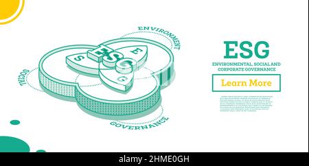 Concetto ESG di ambiente, sociale e Governance. Elemento infografico. Illustrazione vettoriale. Sviluppo sostenibile. Concetto di contorno isometrico. Illustrazione Vettoriale