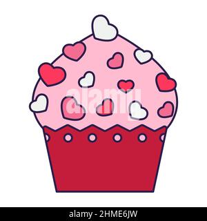 Retrò San Valentino icona cupcake con cuori. Simbolo d'amore nello stile d'arte alla moda pop line. Il dolce muffin è di colore rosa, rosso e corallo Illustrazione Vettoriale