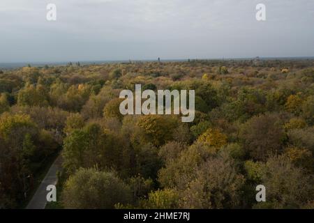 Vista aerea della città di Chernobyl, ancora popolata dai lavoratori della centrale nucleare di Chernobyl. Foto Stock