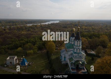 Vista aerea della città di Chernobyl, ancora popolata dai lavoratori della centrale nucleare di Chernobyl. Foto Stock