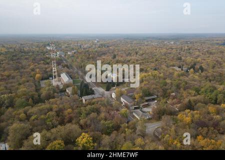 Vista aerea della città di Chernobyl, ancora popolata dai lavoratori della centrale nucleare di Chernobyl. Foto Stock