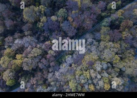 Vista aerea della città di Chernobyl, ancora popolata dai lavoratori della centrale nucleare di Chernobyl. Foto Stock