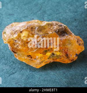 Frammento di Copal malgascio con frammenti di vegetazione all'interno su sfondo verde Foto Stock