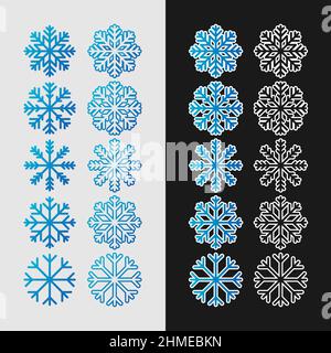 Set di icone rotonde e quadrate di silhouette di fiocchi di neve. L'atmosfera di Capodanno in stile piatto. Illustrazione Vettoriale