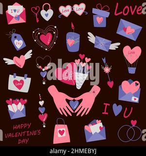 Modello romantico bohémien. Elementi per una dichiarazione d'amore. Illustrazione Vettoriale