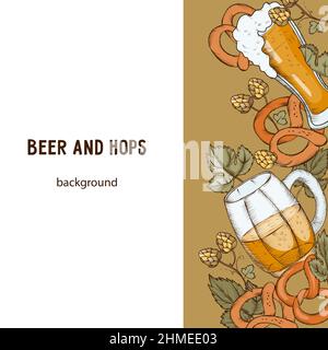 Sfondo quadrato della birra o modello di poster, vettore disegnato a mano colorato inciso. Illustrazione Vettoriale