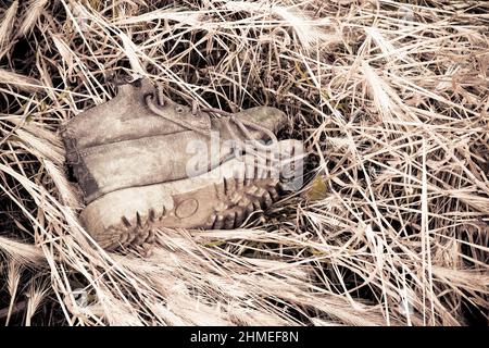 Vecchio stivale rotto abbandonato in un tappeto di erba asciutta - immagine tonata Foto Stock