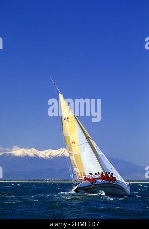 Barca a vela a sud della francia Mediterraneo Canet Plage Pirenei orientali Francia gara di vela intorno a francia canigou Montain Foto Stock