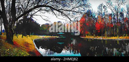 Boschi profondi capanne alberi foresta scuro luce del sole paesaggio sfondo, Impressionist vintage case, alberi con riflesso nel fiume Foto Stock