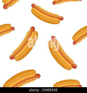 Hot dog motivo senza cuciture su sfondo bianco. Sandwich con salsiccia alla griglia in carta da parati croccante. Fast food vettore isolato eps illustrazione per caffè e ristorante pubblicità Illustrazione Vettoriale