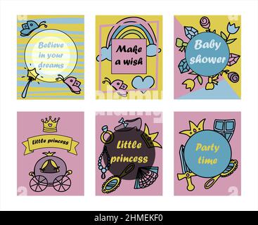 Illustrazione vettoriale disegni disegnati a mano Sketchy Fairy tale Princess banner Tiara Crown Doodle Design Cards Set Illustrazione vettoriale. Clipart per invito Illustrazione Vettoriale