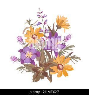 Illustrazione floreale vettoriale. Bouquet di fiori di prato giallo e viola ed erbe isolate su un bianco. Illustrazione Vettoriale