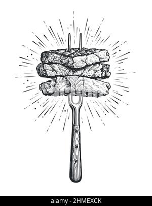 Barbecue, pezzi di carne sulla forchetta di carne. Disegno a mano della bistecca BBQ disegno vettore illustrazione Illustrazione Vettoriale