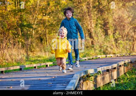 Fratelli felici che giocano catch-up nel parco autunnale Foto Stock