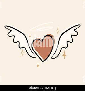 Love post con linea cuore arte con ali. Oggetto giorno di San Valentino. Stile di disegno a riga singola Illustrazione Vettoriale