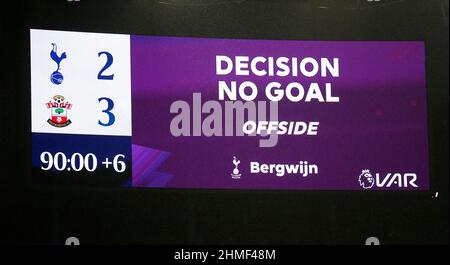 Londra, Regno Unito. 09th Feb 2022. Londra, Inghilterra - FEBBRAIO 09: Il tabellone non mostra alcun goalduring Premier League tra Tottenham Hotspur e Southampton allo stadio Tottenham Hotspur, Londra, Inghilterra il 09th Febbraio 2022 Credit: Action Foto Sport/Alamy Live News Foto Stock