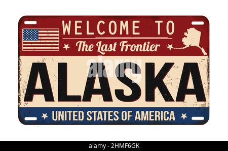 Benvenuti in Alaska vintage arrugginito targa su sfondo bianco, illustrazione vettoriale Illustrazione Vettoriale