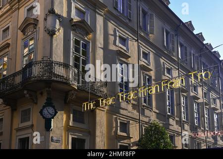 Particolare dell'installazione luminosa 'Luì e l'arte di andare nel bosco' di Luigi Mainolfi appeso tra i palazzi di Via Lagrange, Torino, Piemonte Foto Stock