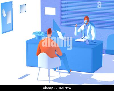 Illustrazione di un medico nel suo ufficio che frequenta un paziente, un ospedale e un centro medico. Vista frontale, 3D colori piatti imitanti. Foto Stock