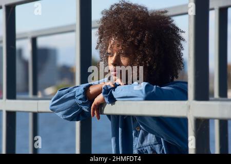 Ritratto di una giovane donna nera con capelli grandi Foto Stock
