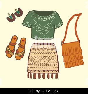 Illustrazione vettoriale dei vestiti di stile boho. Look bohémien per donna: Gonna, t-shirt, sandali e accessori Illustrazione Vettoriale