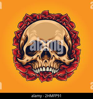 Sugar Skull Roses Frame illustrazioni vettoriali per il tuo lavoro Logo, t-shirt merchandising mascotte, adesivi e disegni etichette, poster, biglietti d'auguri Illustrazione Vettoriale