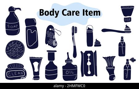 Articoli ed elementi per la cura del corpo. Articoli da bagno, cosmetici, rasoio, dentifricio, spazzolino da denti. In uno stile solido. Illustrazione vettoriale. Illustrazione Vettoriale