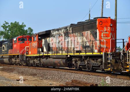 Bartlett, Illinois, Stati Uniti. Le locomotive Canadian National Railway, tra cui un'unità ben indossata costruita nel 1975, conducono un treno merci attraverso Spaulding Junct Foto Stock