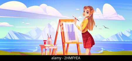 Artista ragazza disegno di montagna bellissimo paesaggio durante plein aria. Giovane donna pittore che tiene pennello fronte di easel vernice estate natura stand al lago con spruzzi di onde, Cartoon vettore illustrazione Illustrazione Vettoriale