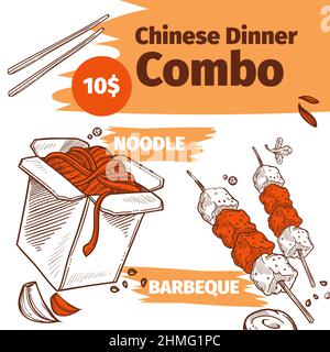 Cena cinese combinata, noodles e banner barbeque Illustrazione Vettoriale