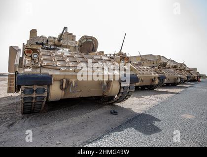 Bradley M2A3 Fighting Vehicles, assegnato a US Army 2nd Platoon, Alpha Company, 1/163rd Combined Arms Battaglione, siediti in una linea in attesa di ispezione ad Ali al Salem AB, 27 gennaio 2022. I veicoli sono veicoli da trasporto con corazzatura leggera e completamente cingolati, che offrono mobilità in tutto il paese con potenza di fuoco montata e protezione contro l'artiglieria e il fuoco di armi leggere. (STATI UNITI Foto della Guardia Nazionale dell'aria dello staff Sgt. Chloe Ochs) Foto Stock