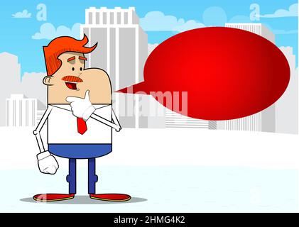 Semplice cartone animato retrò di un uomo d'affari che pensa. Maglietta bianca con cravatta rossa per dipendente finanziario professionista. Illustrazione Vettoriale