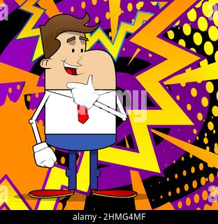 Semplice cartone animato retrò di un uomo d'affari che pensa. Maglietta bianca con cravatta rossa per dipendente finanziario professionista. Illustrazione Vettoriale